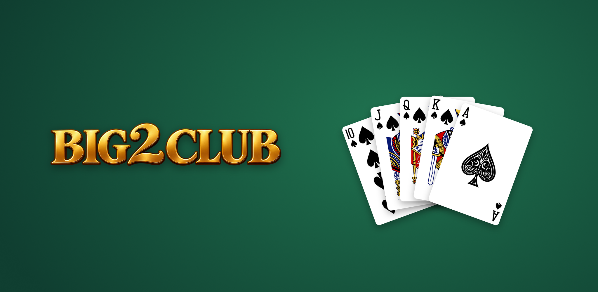 Big2 Club gold wordmark beside a spade straight flush, ten through ace, on green felt.