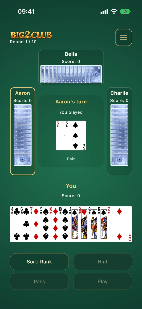The human opens with 3♦ and 3♠. Aaron is next to play.