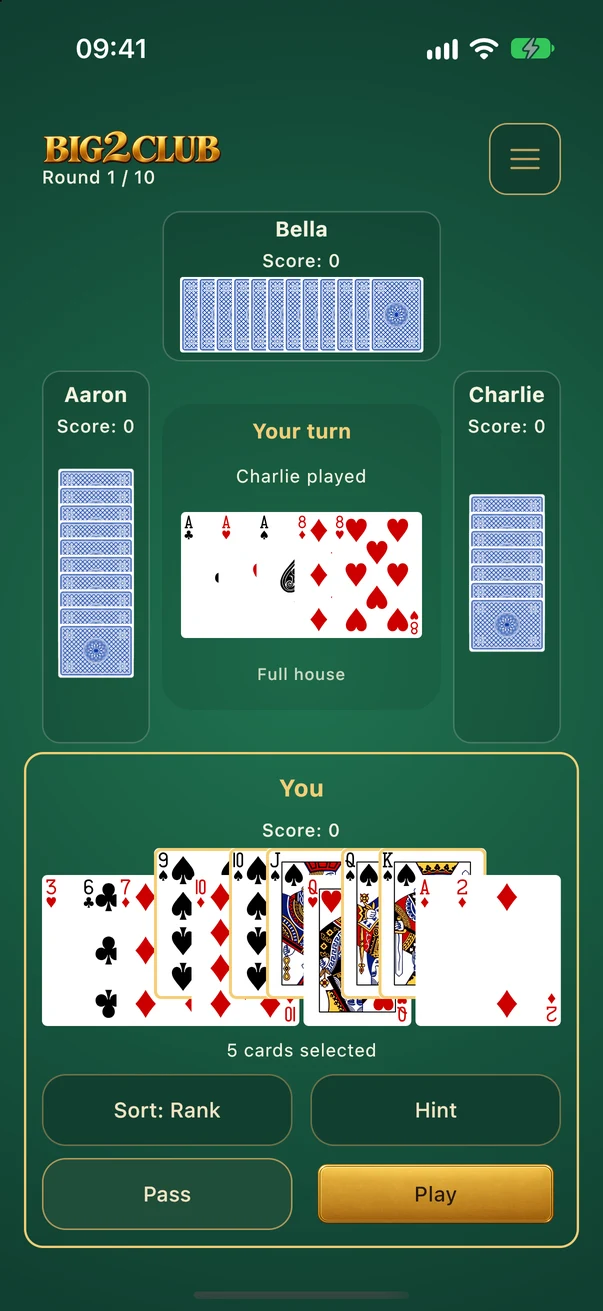 A spade straight flush is selected against Charlie’s full house.