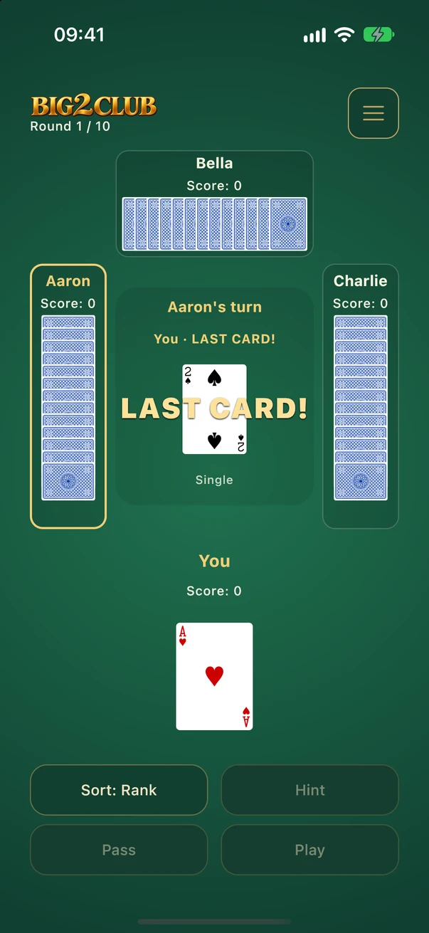 The human has A♥ left after playing 2♠; Aaron is next.