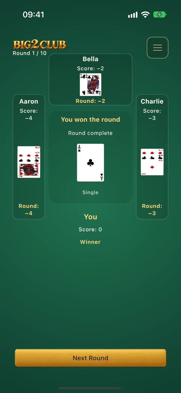 A completed round shows revealed hands, penalties and the Next Round button.