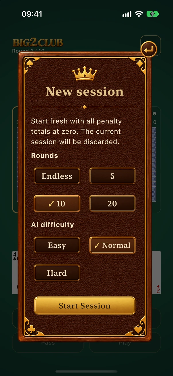 New Session offers round counts and Easy, Normal and Hard AI.