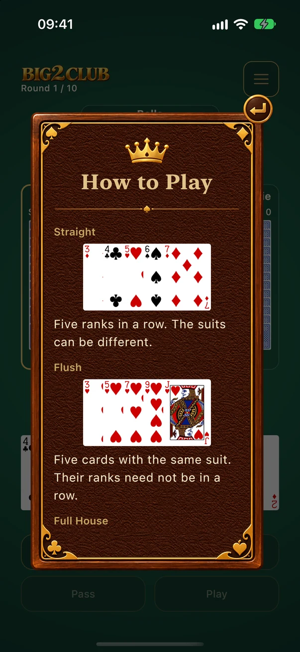 Illustrated Help explains straights, flushes and other five-card combinations.